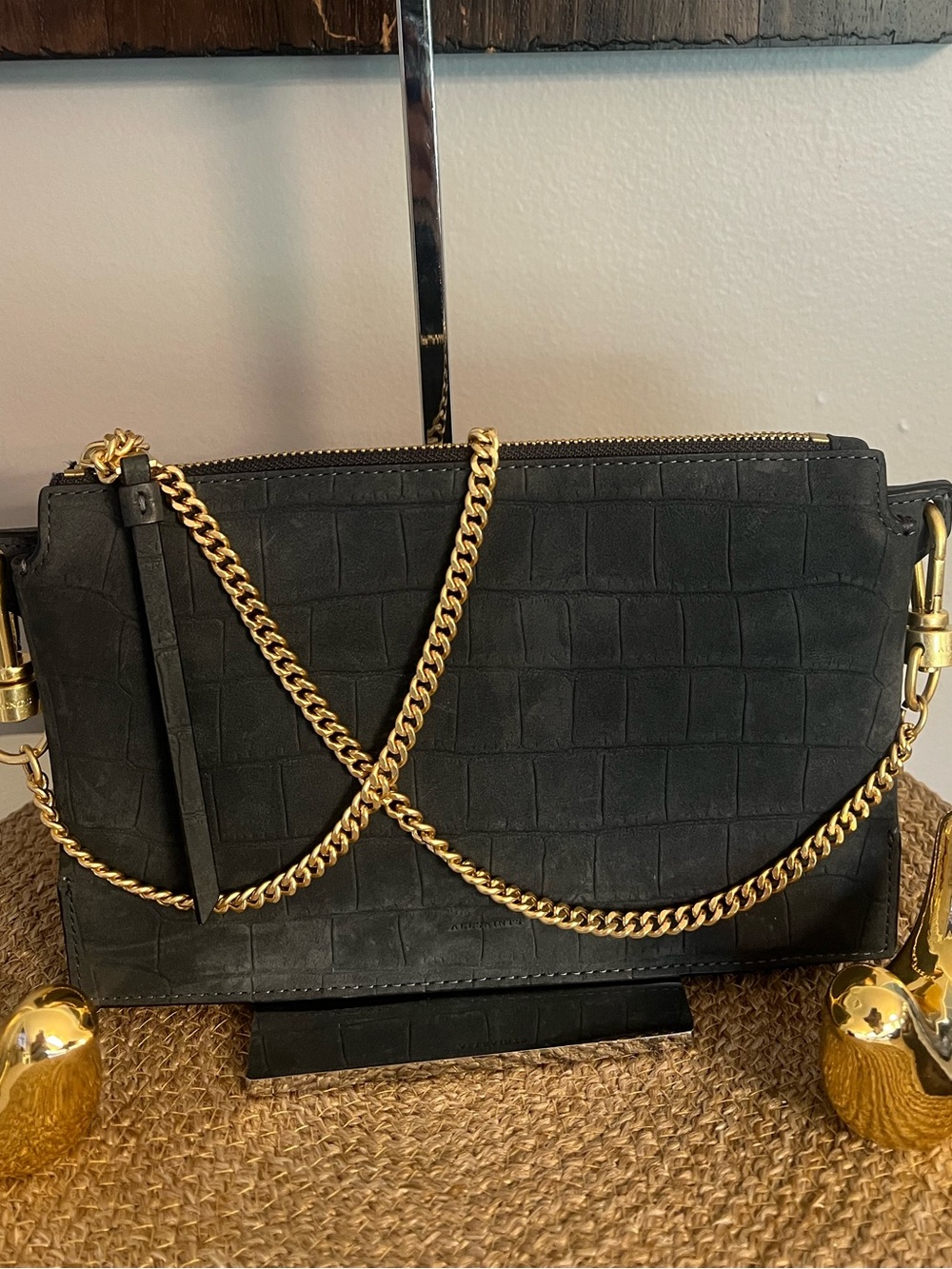 AllSaints Fletcher Croc-Embossed Leather Crossbody in Slate